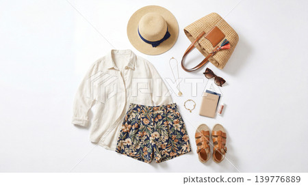 Summer outfit flat lay with accessories straw hat straw bag summer fashion Summer outfit flat lay with accessories straw hat straw bag summer fashion 139776889