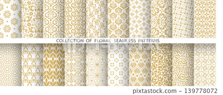 Geometric floral set of seamless patterns. White and golden vector backgrounds. Damask graphic ornaments Geometric floral set of seamless patterns. White and golden vector backgrounds. Damask graphic ornaments 139778072