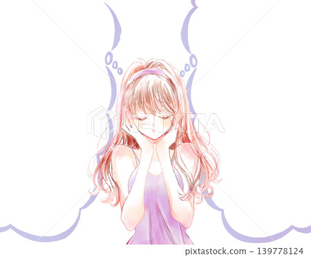 A woman in distress, wearing a camisole, with two cloud-shaped speech bubbles. A woman in distress, wearing a camisole, with two cloud-shaped speech bubbles. 139778124