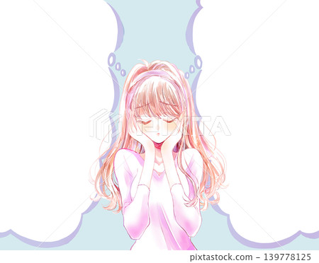 一位心事重重的女子;兩個雲朵形狀的對話框。 一位心事重重的女子;兩個雲朵形狀的對話框。 139778125