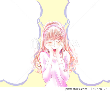 一位心事重重的女子;兩個雲朵形狀的對話框。 一位心事重重的女子;兩個雲朵形狀的對話框。 139778126