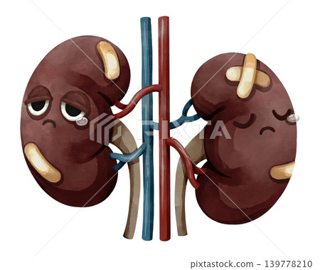 Sad injured kidneys cartoon character with bandages and tears. Watercolor illustration of kidney failure, disease, or chronic renal pain concept. Sad injured kidneys cartoon character with bandages and tears. Watercolor illustration of kidney failure, disease, or chronic renal pain concept. 139778210