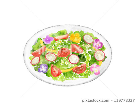 A salad decorated with hand-painted watercolor edible flowers. A salad decorated with hand-painted watercolor edible flowers. 139778327