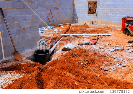 Workers dig prepare foundation with dirt digging tools at construction site 139778352
