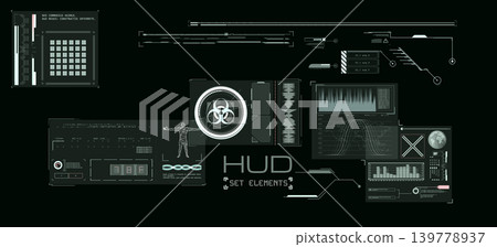 Futuristic HUD interface elements with data charts, biohazard symbol, and human scan Futuristic HUD interface elements with data charts, biohazard symbol, and human scan 139778937