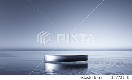 3D render, Minimal metallic platform floating on calm water in futuristic landscape for abstract design concept 139778938