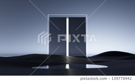 3D render, Minimal glowing doorway in dark abstract landscape with water reflection for futuristic concept 139778942