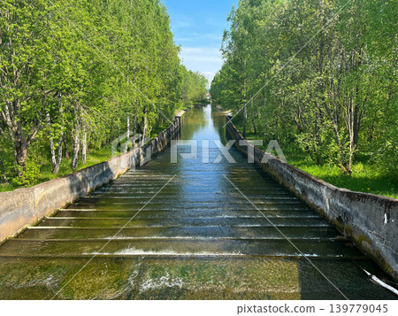 Concrete water canal with flowing current through green forest landscape under bright summer sky Concrete water canal with flowing current through green forest landscape under bright summer sky 139779045