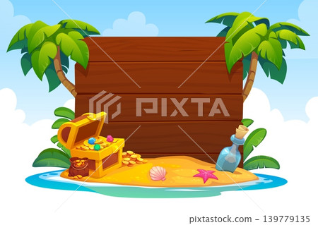 Wooden signboard with palms and pirate treasures at tropical island in ocean. Wooden signboard banner or poster for Caribbean sea adventure with pirate treasure chest, bottle with message and seashell Wooden signboard with palms and pirate treasures at tropical island in ocean. Wooden signboard banner or poster for Caribbean sea adventure with pirate treasure chest, bottle with message and seashell 139779135