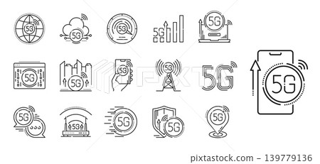 5g transmission technology line icons and pictograms. Wireless network and mobile connectivity, base station, smartphones, cloud computing, digital city, data speed, security, online communication 139779136
