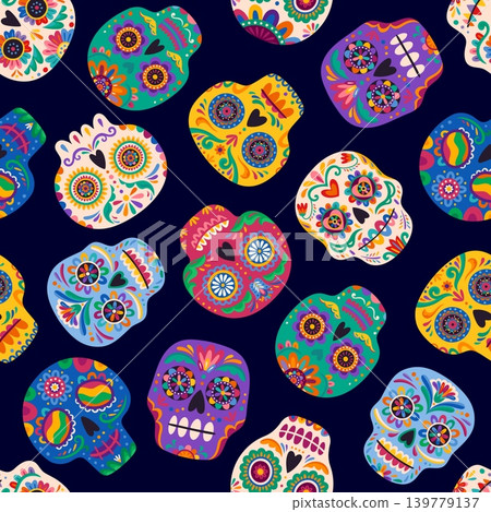 Mexican calavera sugar skulls, Day of the Dead seamless pattern. Vector repeat folk motif for cultural festive celebration, textile, packaging, party decoration. Vibrant tile wallpaper background Mexican calavera sugar skulls, Day of the Dead seamless pattern. Vector repeat folk motif for cultural festive celebration, textile, packaging, party decoration. Vibrant tile wallpaper background 139779137