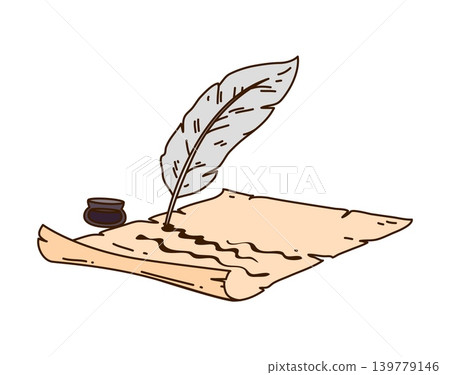 Vibrant cartoon pirate writing set with tall grey feather quill pen, small dark inkwell and weathered rolled parchment scroll. Groovy retro pirate stationery for mobile game and document icons 139779146