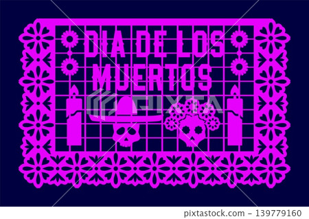 Mexican paper cut papel picado flag of Dia de los Muertos or Day of the Dead festival. Traditional purple vector paper flag with skulls, daisies, and candles for cultural event Mexican paper cut papel picado flag of Dia de los Muertos or Day of the Dead festival. Traditional purple vector paper flag with skulls, daisies, and candles for cultural event 139779160