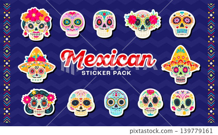 Mexican sugar Calavera skull stickers vector pack for Day of the Dead holiday. Dia De Los Muertos stickers of Catrina Calavera skull in sombrero with marigold flowers ornament for Mexican fiesta Mexican sugar Calavera skull stickers vector pack for Day of the Dead holiday. Dia De Los Muertos stickers of Catrina Calavera skull in sombrero with marigold flowers ornament for Mexican fiesta 139779161