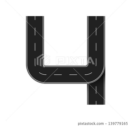 Number four as asphalt road font, highway path with dashed lane markings. Digit 4 math symbol, way pavement typeface, ABC route alphabet character for creative urban typography and transport education 139779165