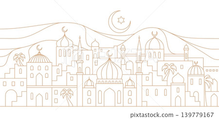 Arabian city landscape silhouette with Muslim mosques, domes and minarets, arches and palm trees with crescent moon and star over desert mountains. Ramadan holiday vector background 139779167