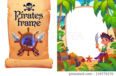 Kid pirate with rope photo frame on tropical Caribbean island with treasure gold. Boy pirate or corsair with saber sword on photo frame of ship rope with sailboat helm and funny starfish character Kid pirate with rope photo frame on tropical Caribbean island with treasure gold. Boy pirate or corsair with saber sword on photo frame of ship rope with sailboat helm and funny starfish character 139779170