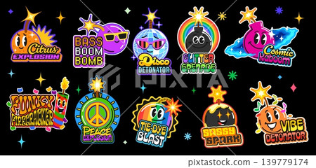 Dynamite bomb Y2K vintage stickers and TNT retro patch labels vector set. Groovy stickers of funny bombs with disco ball in sunglasses with funky face and rainbow wick or hippie peace sign Dynamite bomb Y2K vintage stickers and TNT retro patch labels vector set. Groovy stickers of funny bombs with disco ball in sunglasses with funky face and rainbow wick or hippie peace sign 139779174