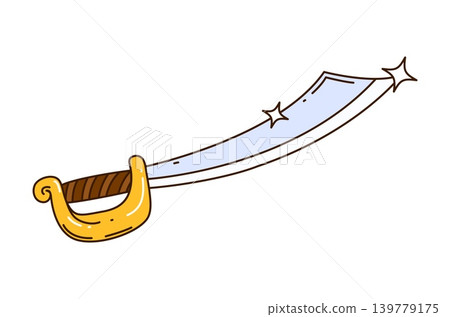 Cartoon pirate cutlass sword icon featuring long curved shiny light blue blade with sparkle glint accents. Groovy brown wrapped grip handle and golden scroll guard for pirate game UI weapon icons Cartoon pirate cutlass sword icon featuring long curved shiny light blue blade with sparkle glint accents. Groovy brown wrapped grip handle and golden scroll guard for pirate game UI weapon icons 139779175