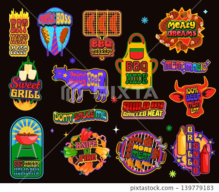 Vintage retro y2k bbq meat stickers, barbeque patch labels vector set featuring fun typography, beef cuts, grilling tools, sausages, flames, and cheeky slogans. Badges for summer cookout food festival 139779183