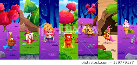 Cartoon fast food and drinks Halloween wizards characters, vector soda cup mage with spear and taco sorcerer with pointed hat. Pizza warlock, chicken drumstick wizard and popcorn witch with potion Cartoon fast food and drinks Halloween wizards characters, vector soda cup mage with spear and taco sorcerer with pointed hat. Pizza warlock, chicken drumstick wizard and popcorn witch with potion 139779187