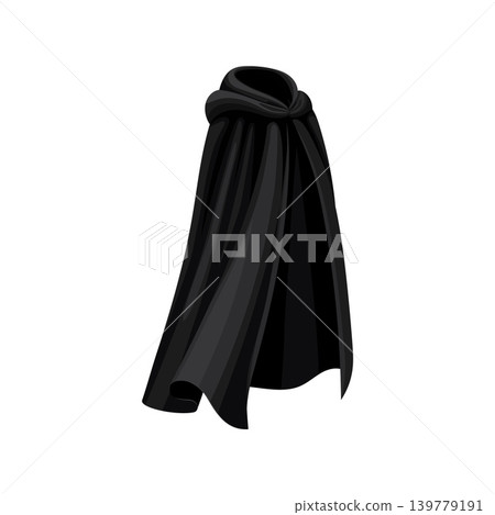 Dracula and Halloween black cloak, cape and mantle clothes. Vector isolated black cloak features flowing drapery and a hood, ideal for vampire themed graphics, and costume party invitation Dracula and Halloween black cloak, cape and mantle clothes. Vector isolated black cloak features flowing drapery and a hood, ideal for vampire themed graphics, and costume party invitation 139779191