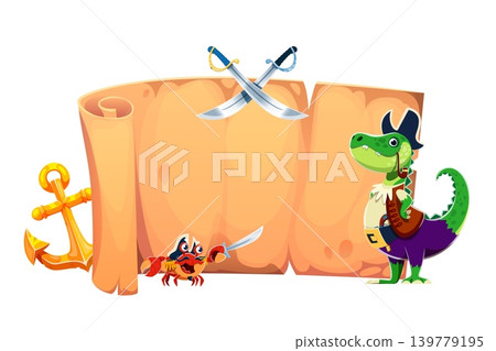Cartoon crocodile captain and crab skipper animal pirates with treasure old paper map scroll. Treasure hunting paper scroll background with animal pirate characters in tricorn hat, swords and anchor Cartoon crocodile captain and crab skipper animal pirates with treasure old paper map scroll. Treasure hunting paper scroll background with animal pirate characters in tricorn hat, swords and anchor 139779195
