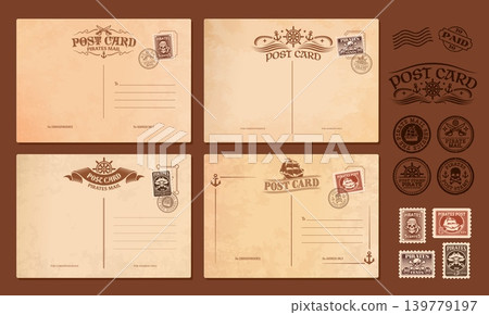 Vintage and retro postcards with pirate stamps, seals and old post cards. Aged paper mail postage templates with nautical motifs, evoking maritime adventure, sea travel and historical correspondence Vintage and retro postcards with pirate stamps, seals and old post cards. Aged paper mail postage templates with nautical motifs, evoking maritime adventure, sea travel and historical correspondence 139779197