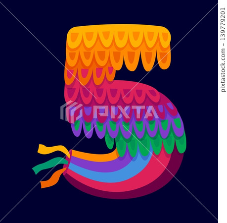 Mexican ethnic font typeface cartoon number 5 five. Hispanic culture type figure, Mexican national typeface vector numeral symbol. Latin American folk font digit or number with colorful pinata 139779201