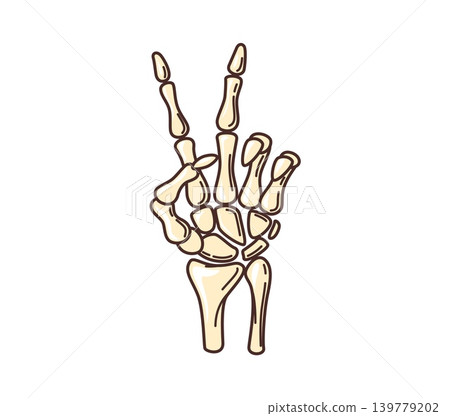 Halloween groovy skeleton hand victory sign sticker or symbol. Witchcraft creepy retro groovy label, horror scary sticker. Halloween season tag Halloween groovy skeleton hand victory sign sticker or symbol. Witchcraft creepy retro groovy label, horror scary sticker. Halloween season tag 139779202