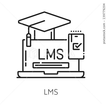 Education LMS innovation line icon. Learning management system technology line sign, LMS innovation vector symbol. Education course platform icon with laptop, smartphone and graduation cap Education LMS innovation line icon. Learning management system technology line sign, LMS innovation vector symbol. Education course platform icon with laptop, smartphone and graduation cap 139779204