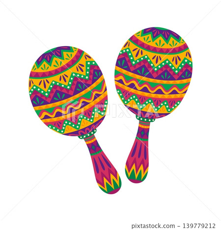 Mexican folk rhythm maracas musical instrument. Mexican carnival maracas, Hispanic culture festival vector maraca with geometric wavy patterns. Cuba folk percussion music instrument isolated object 139779212
