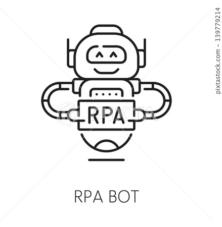 RPA bot thin line icon or robot automation emblem. Robotic innovation outline vector pictogram, RPA linear icon. Business process automation technology sign with robot, bot or droid funny character 139779214