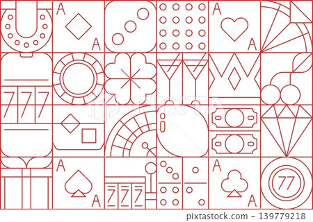 Casino and gambling games geometric Bauhaus pattern. Gambling background or print. Casino game Bauhaus pattern with playing cards, slot machine and dice, shamrock clover, roulette, chip and diamond Casino and gambling games geometric Bauhaus pattern. Gambling background or print. Casino game Bauhaus pattern with playing cards, slot machine and dice, shamrock clover, roulette, chip and diamond 139779218