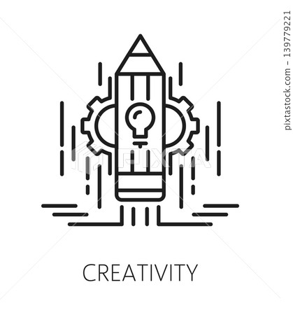 Creativity life skills line icon or sign. Human creativity ability outline vector sign, personality potential pictogram. People quality linear symbol or life skill icon with taking off pencil rocket 139779221