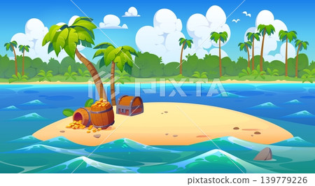 Pirate treasure chests of gold coins on cartoon tropical island at Caribbean sea or ocean waves. Island beach with palm trees and pirate treasure chest and gold in wooden barrels on sand 139779226