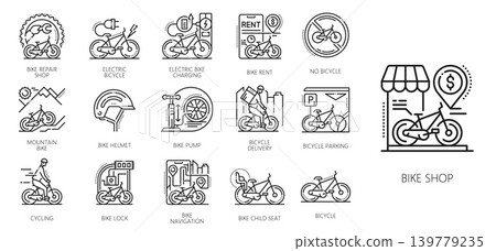 Bicycle and bike service line icons with electric bicycles, charging station, rental and parking, helmets, locks and pumps, navigation, child seats, repair shop and city transport 139779235