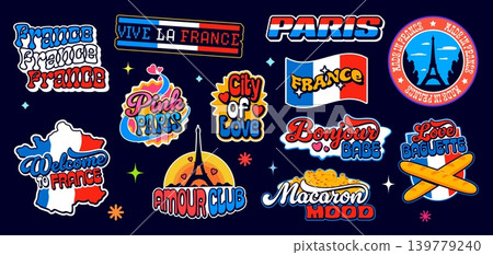 Retro vintage y2k French stickers, France patch labels featuring playful slogans related to Paris, love, cuisine, culture and national pride. Eiffel Tower, tricolor flag, baguettes and bold typography Retro vintage y2k French stickers, France patch labels featuring playful slogans related to Paris, love, cuisine, culture and national pride. Eiffel Tower, tricolor flag, baguettes and bold typography 139779240