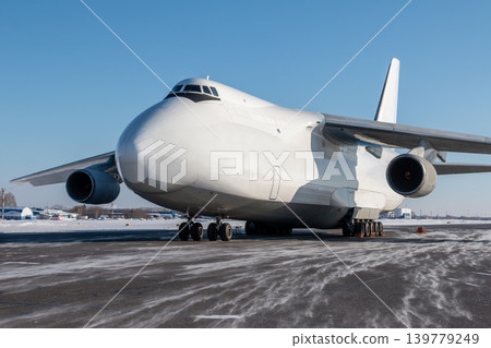White wide body freight transport airplane at winter airport White wide body freight transport airplane at winter airport 139779249