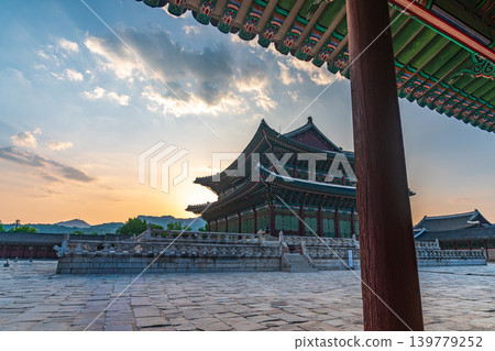 Seoul, South Korea - May. 17, 2026 : Majestic Geunjeongjeon Hall in Gyeongbokgung Palace glowing in intense sunset light, Seoul, South Korea Seoul, South Korea - May. 17, 2026 : Majestic Geunjeongjeon Hall in Gyeongbokgung Palace glowing in intense sunset light, Seoul, South Korea 139779252
