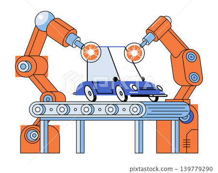 Robotic arms assembling a car on a conveyor belt vector illustration. Smart manufacturing, automotive industry, automation, engineering, production, robotics. Automated machinery building a car Robotic arms assembling a car on a conveyor belt vector illustration. Smart manufacturing, automotive industry, automation, engineering, production, robotics. Automated machinery building a car 139779290