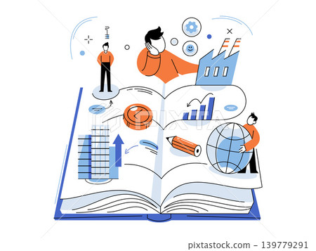 People with business icons on an open book vector illustration. Global trade, economic growth, industry, financial literacy, corporate training, education. Characters with symbols on a textbook People with business icons on an open book vector illustration. Global trade, economic growth, industry, financial literacy, corporate training, education. Characters with symbols on a textbook 139779291