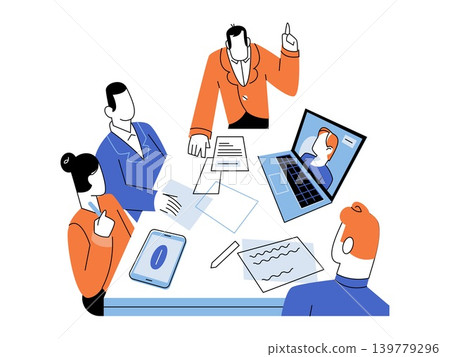 Business team meeting with remote colleague vector illustration. Hybrid work, leadership, communication, management, workflow, strategy. Professional group collaborating around office desk together 139779296