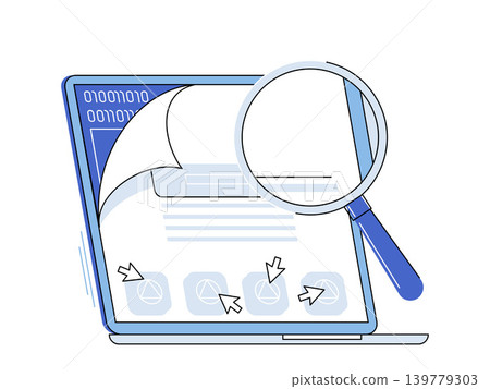 Laptop with magnifying glass and binary code vector illustration. Data analysis, cybersecurity, web development, software testing, digital research, information search. PC with lens and code Laptop with magnifying glass and binary code vector illustration. Data analysis, cybersecurity, web development, software testing, digital research, information search. PC with lens and code 139779303