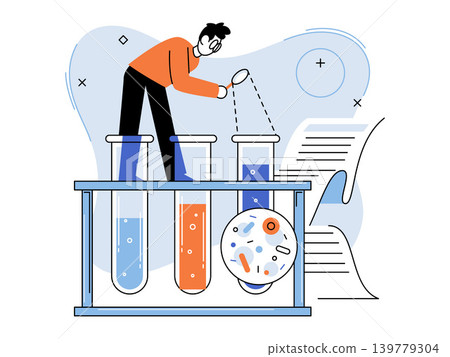 Scientist examining samples in test tubes vector illustration. Medical research, chemical analysis, discovery, biotechnology, education, testing. Researcher inspecting glass vials Scientist examining samples in test tubes vector illustration. Medical research, chemical analysis, discovery, biotechnology, education, testing. Researcher inspecting glass vials 139779304