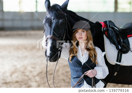 Young woman standing with a black horse in stable Young woman standing with a black horse in stable 139779316
