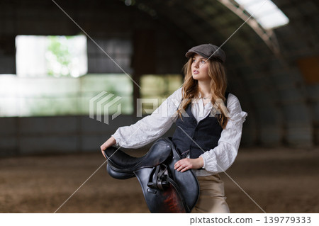 Young woman posing holding equestrian horse saddle Young woman posing holding equestrian horse saddle 139779333
