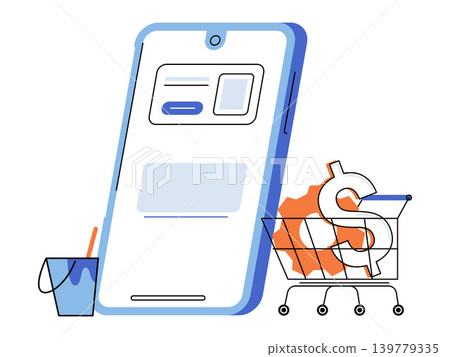 Smartphone with shopping cart dollar sign and gear vector illustration. Ecommerce, mobile marketing, app development, digital sales, online business, monetization. Mobile phone with trolley Smartphone with shopping cart dollar sign and gear vector illustration. Ecommerce, mobile marketing, app development, digital sales, online business, monetization. Mobile phone with trolley 139779335