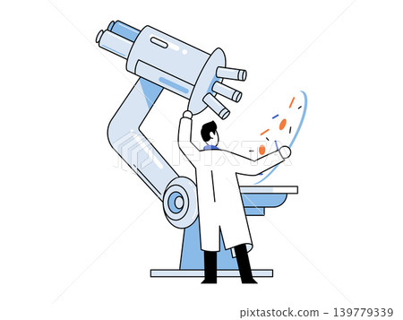 Scientist in a lab coat using a large microscope vector illustration. Medical research, biotechnology, laboratory testing, discovery, healthcare, pharma. Researcher operating lab equipment Scientist in a lab coat using a large microscope vector illustration. Medical research, biotechnology, laboratory testing, discovery, healthcare, pharma. Researcher operating lab equipment 139779339