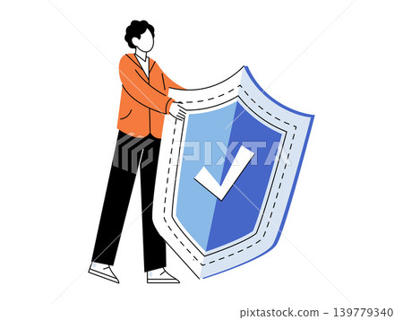 Person holding a large blue shield with a checkmark vector illustration. Cybersecurity, health insurance, data protection, safety, privacy, risk management. Individual carrying a protective guard Person holding a large blue shield with a checkmark vector illustration. Cybersecurity, health insurance, data protection, safety, privacy, risk management. Individual carrying a protective guard 139779340